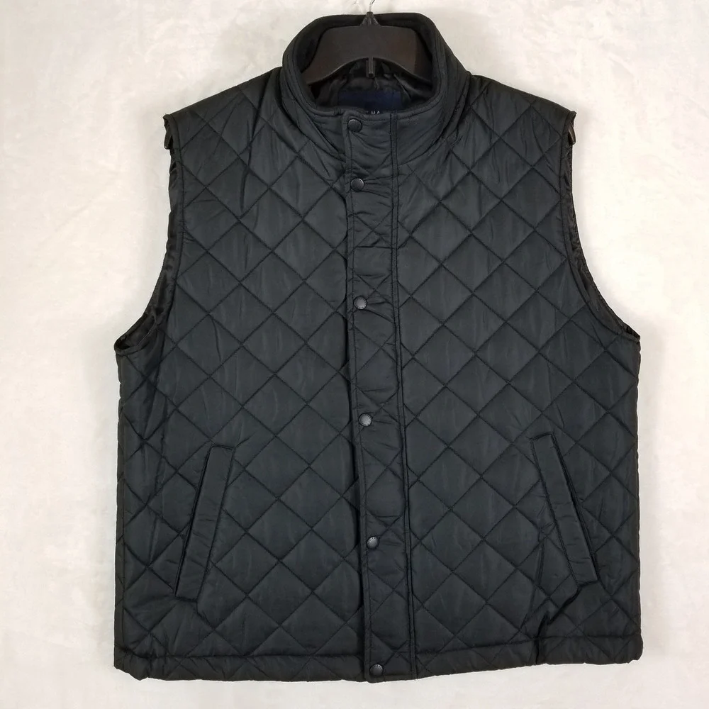 Cole‎ Haan Quilted Vest Mens XL Black Diamond Pattern Snap Front Mock Neck